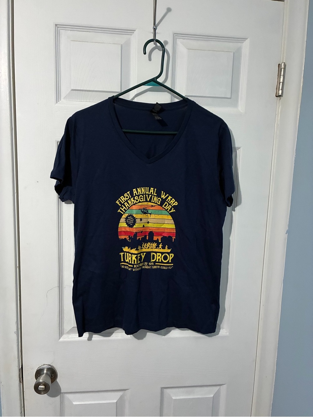 Women’s Navy V-Neck Short Sleeve Tee with Yellow Retro Turkey Graphic